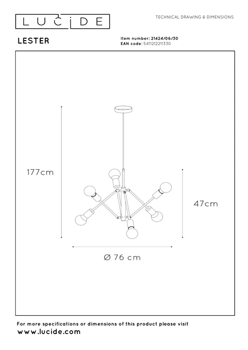 Lucide LESTER - Pendant light - 6xE27 - Black - technical